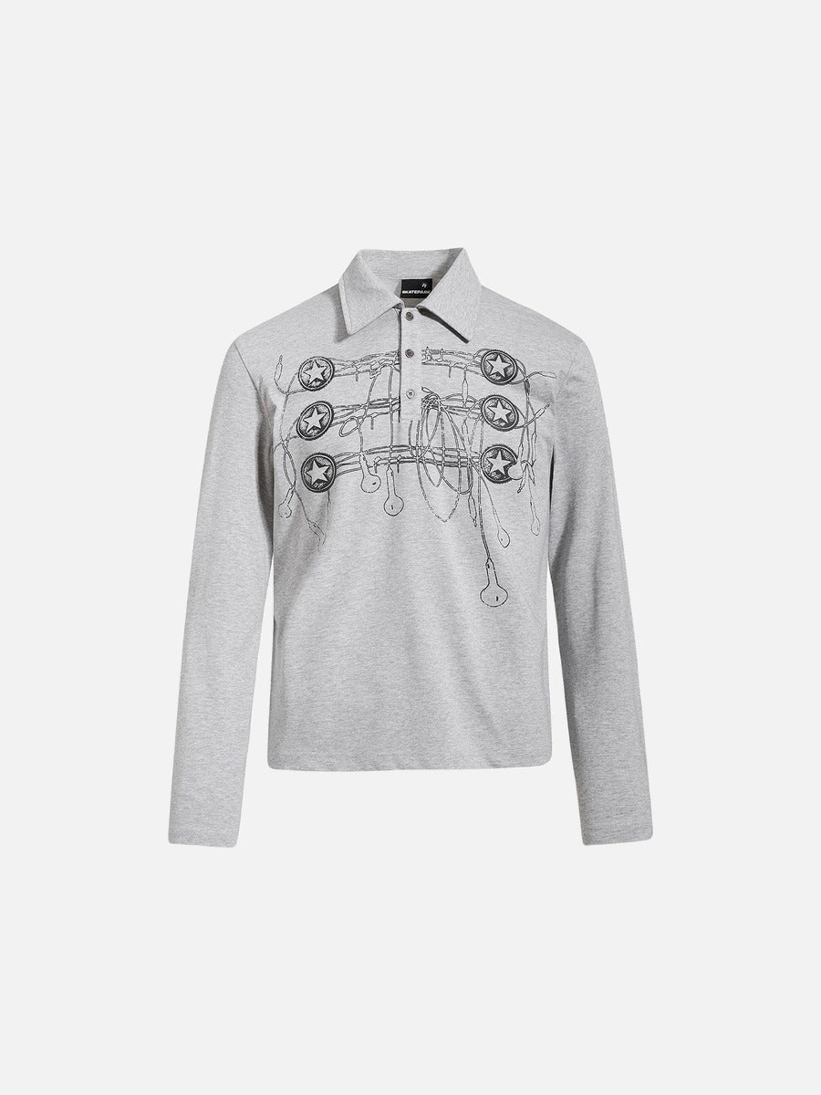 DAXUEN grey long-sleeved abstract musical graphic polo shirt
