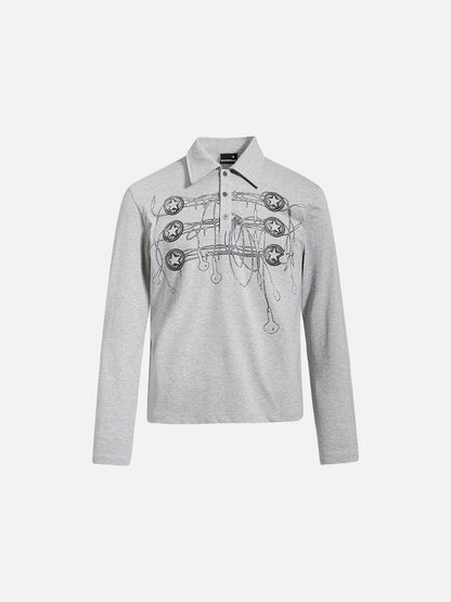 DAXUEN grey long-sleeved abstract musical graphic polo shirt