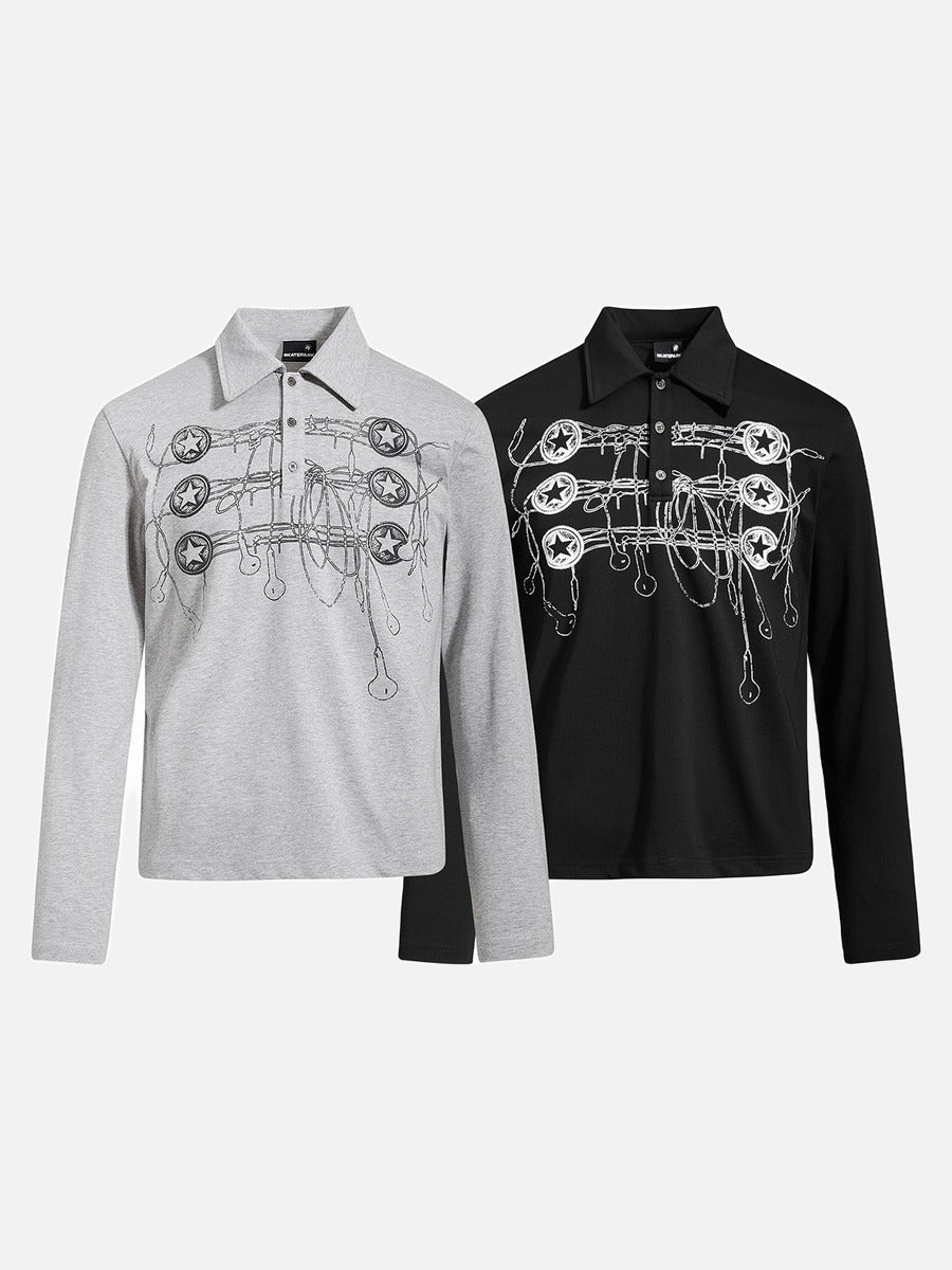 DAXUEN grey long-sleeved abstract musical graphic polo shirt