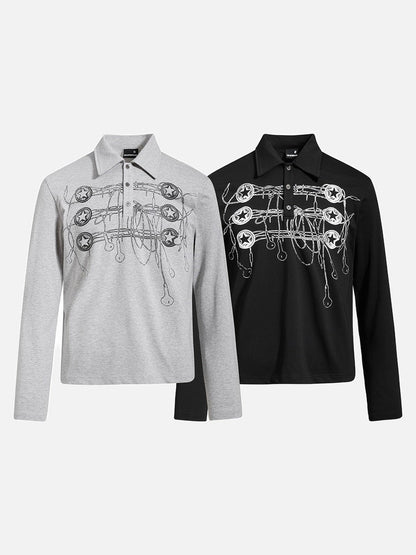 DAXUEN grey long-sleeved abstract musical graphic polo shirt