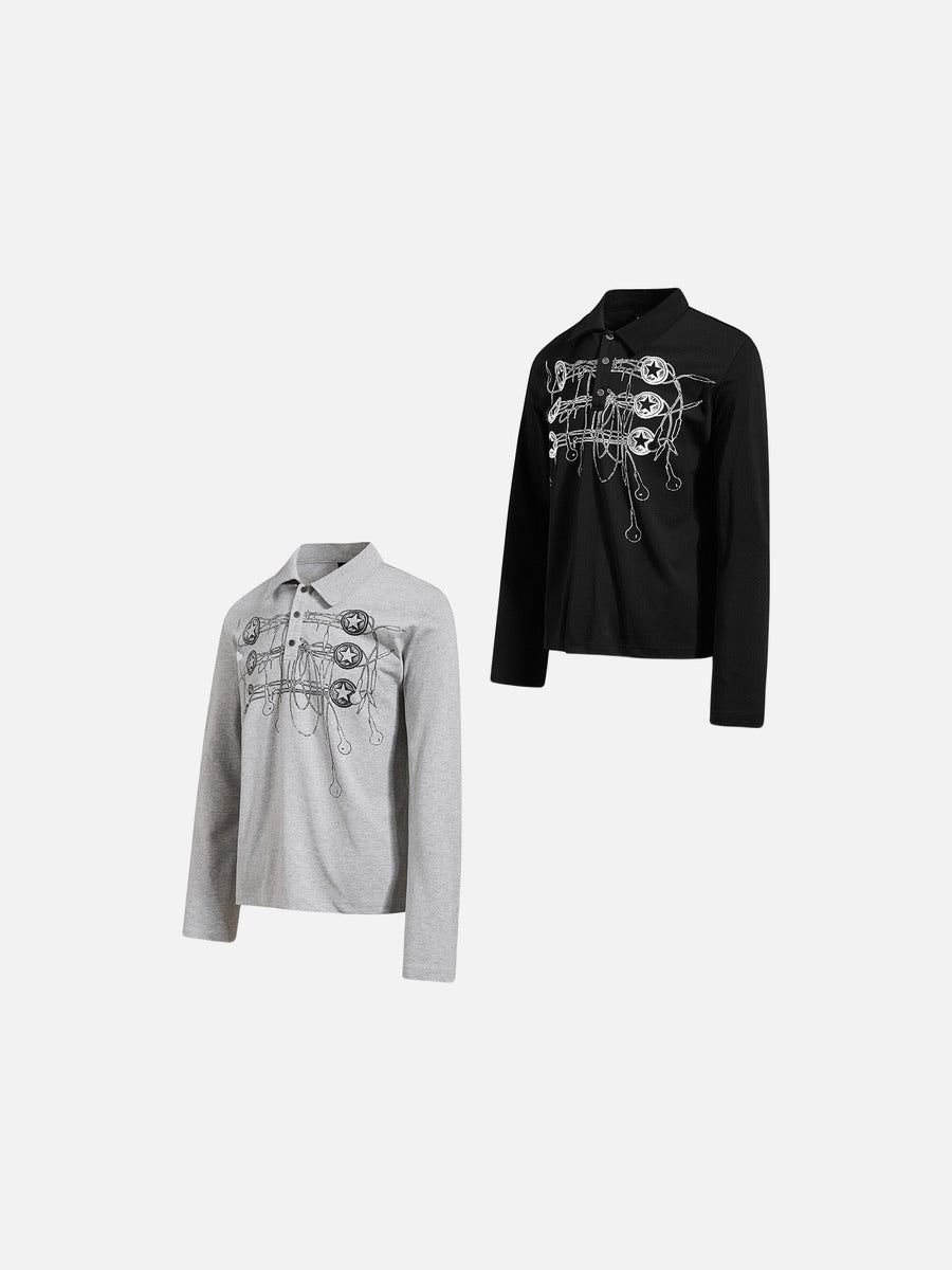 DAXUEN grey long-sleeved abstract musical graphic polo shirt