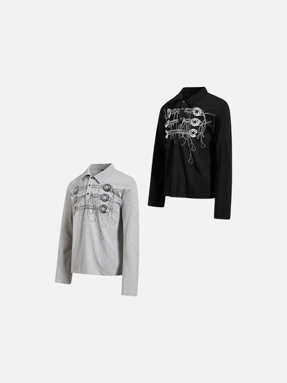 DAXUEN grey long-sleeved abstract musical graphic polo shirt