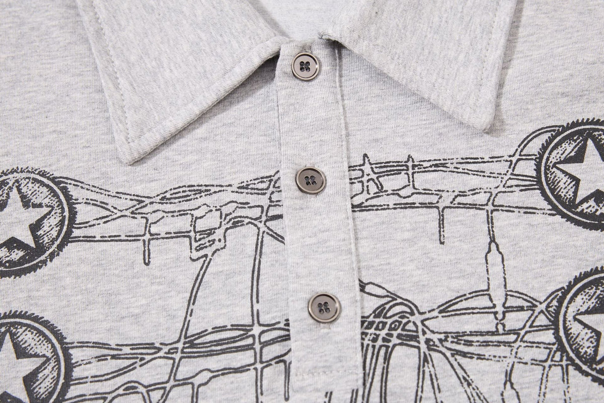 DAXUEN grey long-sleeved abstract musical graphic polo shirt