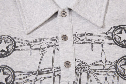 DAXUEN grey long-sleeved abstract musical graphic polo shirt