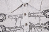 DAXUEN grey long-sleeved abstract musical graphic polo shirt