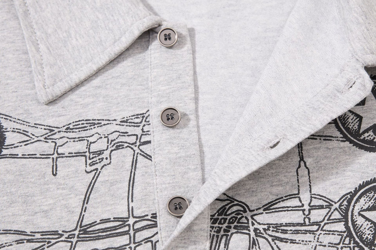DAXUEN grey long-sleeved abstract musical graphic polo shirt