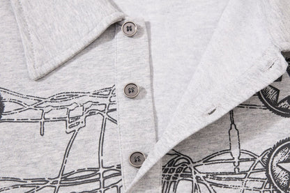 DAXUEN grey long-sleeved abstract musical graphic polo shirt