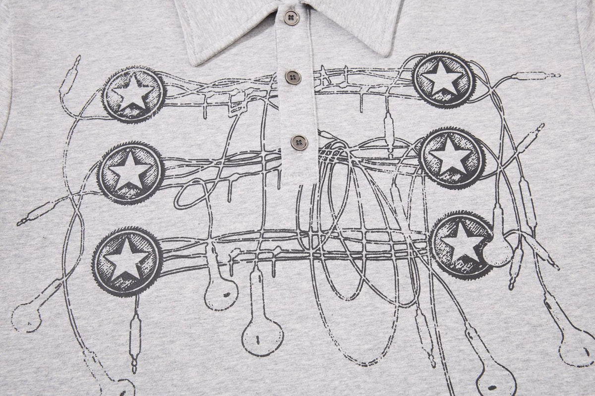 DAXUEN grey long-sleeved abstract musical graphic polo shirt