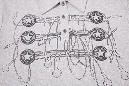 DAXUEN grey long-sleeved abstract musical graphic polo shirt
