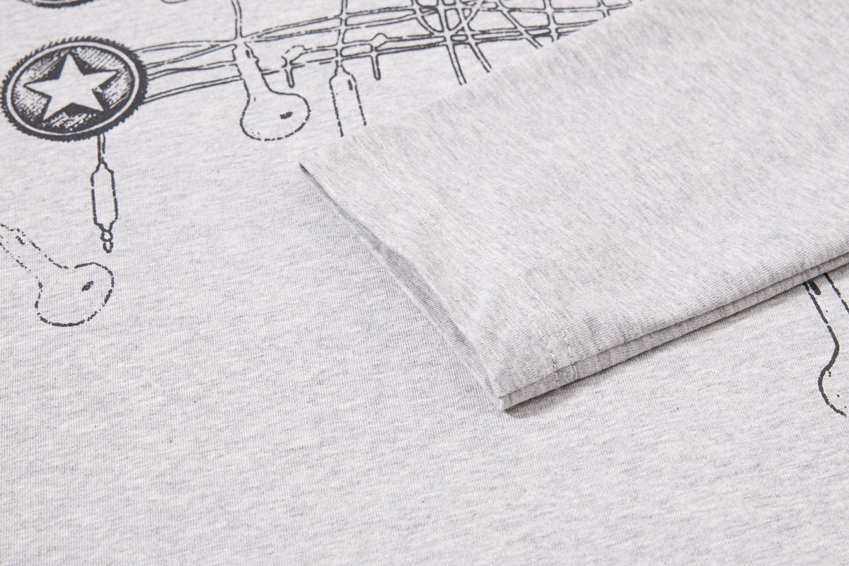 DAXUEN grey long-sleeved abstract musical graphic polo shirt