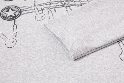 DAXUEN grey long-sleeved abstract musical graphic polo shirt