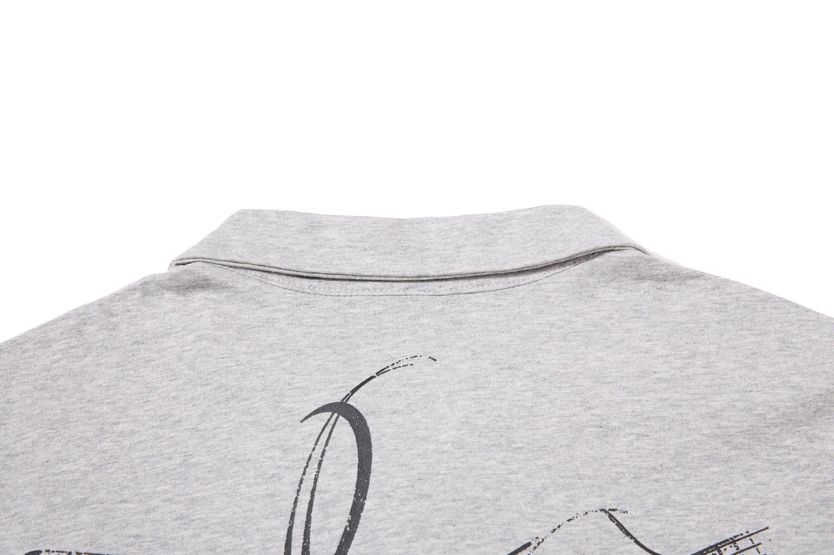 DAXUEN grey long-sleeved abstract musical graphic polo shirt