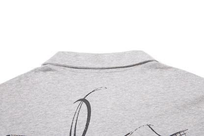 DAXUEN grey long-sleeved abstract musical graphic polo shirt
