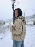 DAXUEN beige abstract print reversible hooded jacket — model photo