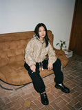 DAXUEN beige abstract print reversible hooded jacket — model photo