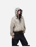 DAXUEN beige abstract print reversible hooded jacket