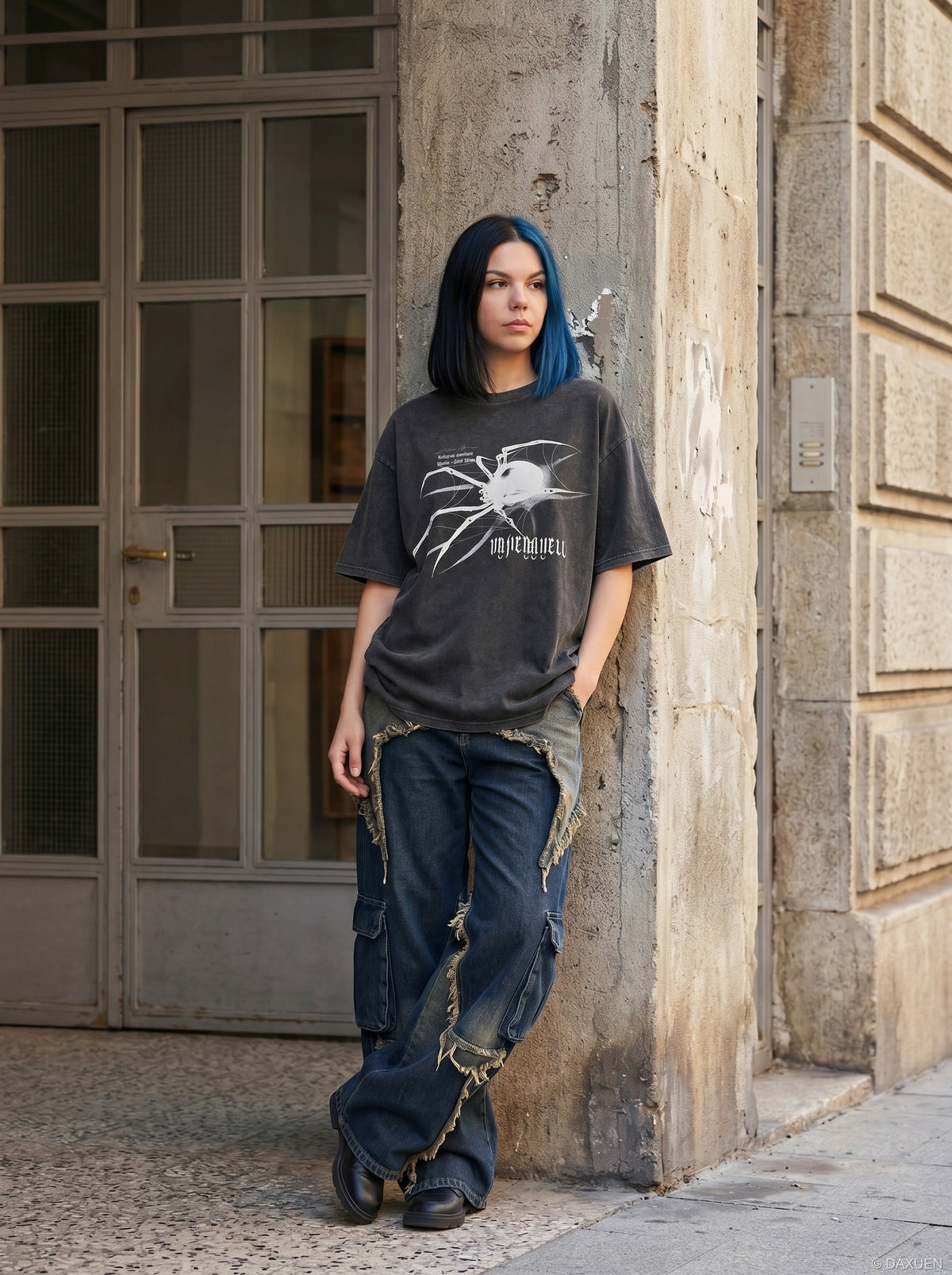 DAXUEN washed dark grey oversized abstract spider graphic t-shirt — model photo