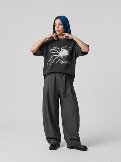 DAXUEN washed dark grey oversized abstract spider graphic t-shirt — model photo