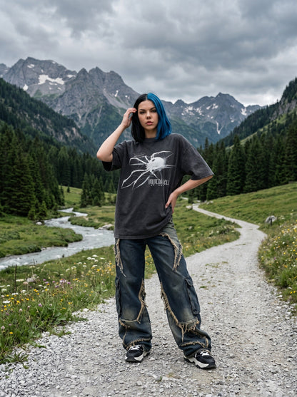 DAXUEN washed dark grey oversized abstract spider graphic t-shirt — model photo