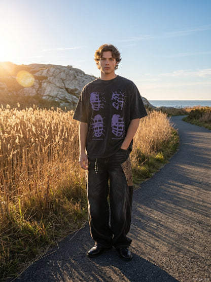 DAXUEN washed black oversized abstract spiky graphic t-shirt — model photo