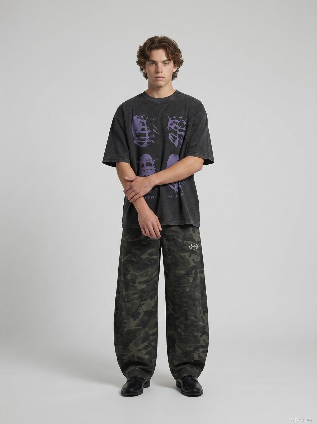DAXUEN washed black oversized abstract spiky graphic t-shirt — model photo