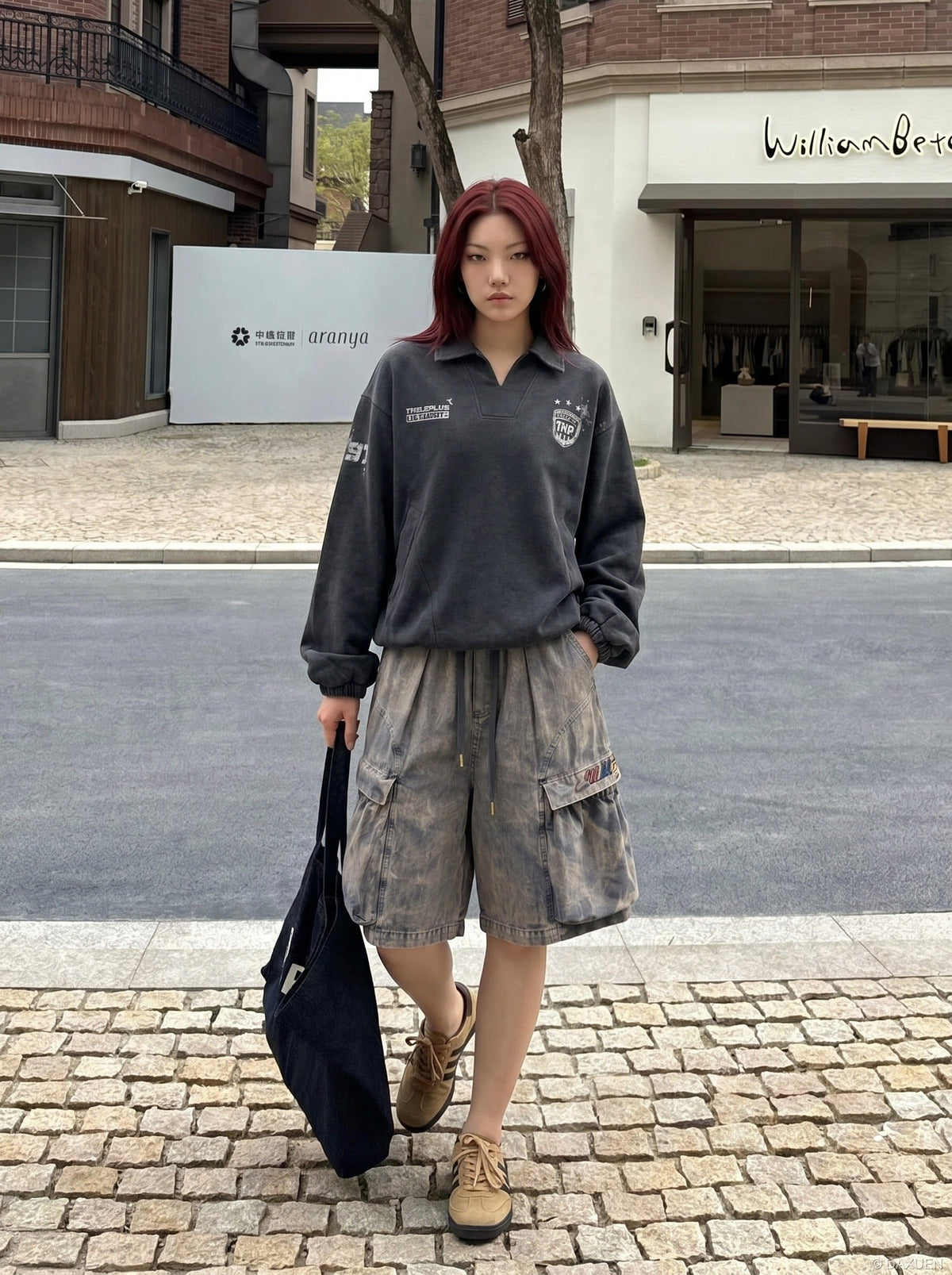 DAXUEN Wide-leg cargo shorts in faded grey-blue denim — model photo
