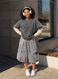 DAXUEN Wide-leg cargo shorts in faded grey-blue denim — model photo