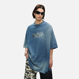 DAXUEN Oversized acid wash t-shirt with graphic design — model photo