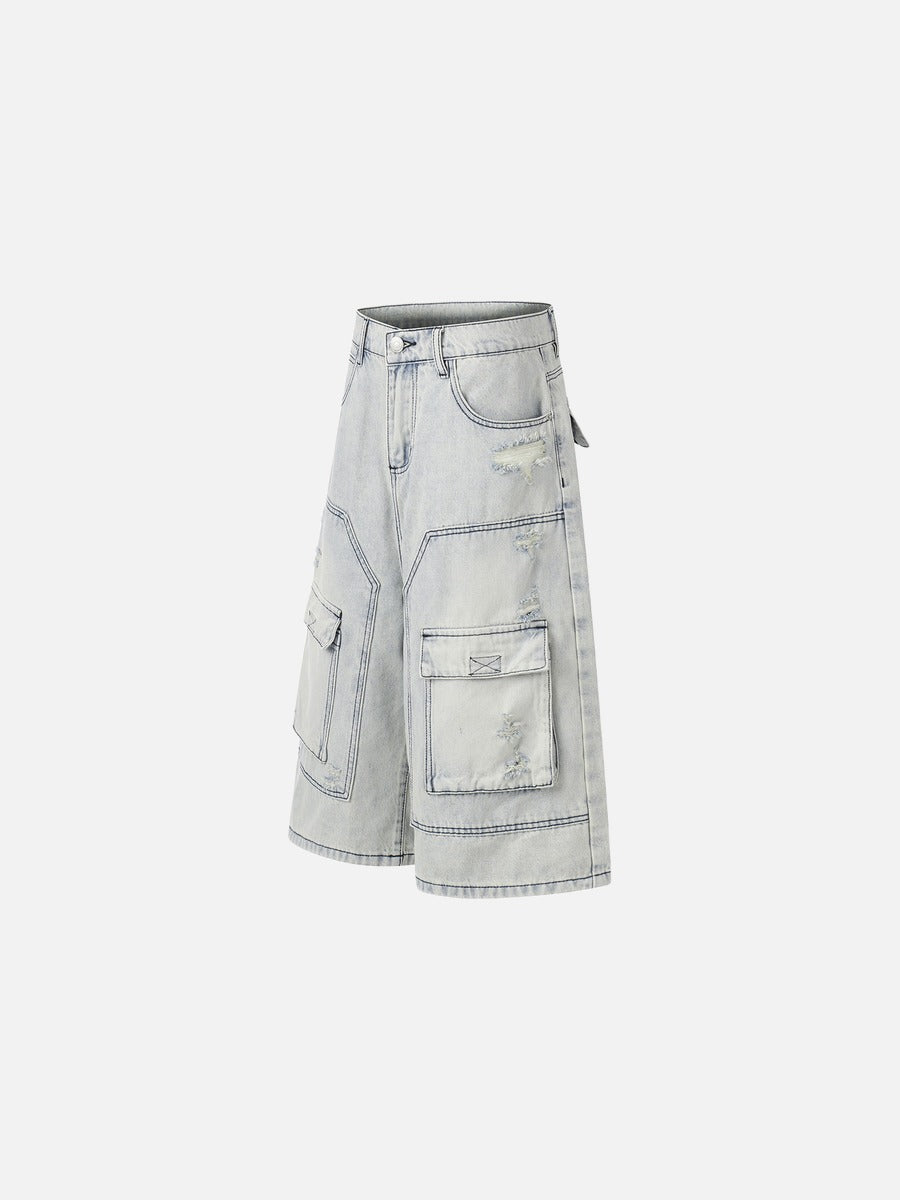 DAXUEN Men's loose-fit wide-leg acid-washed cargo shorts