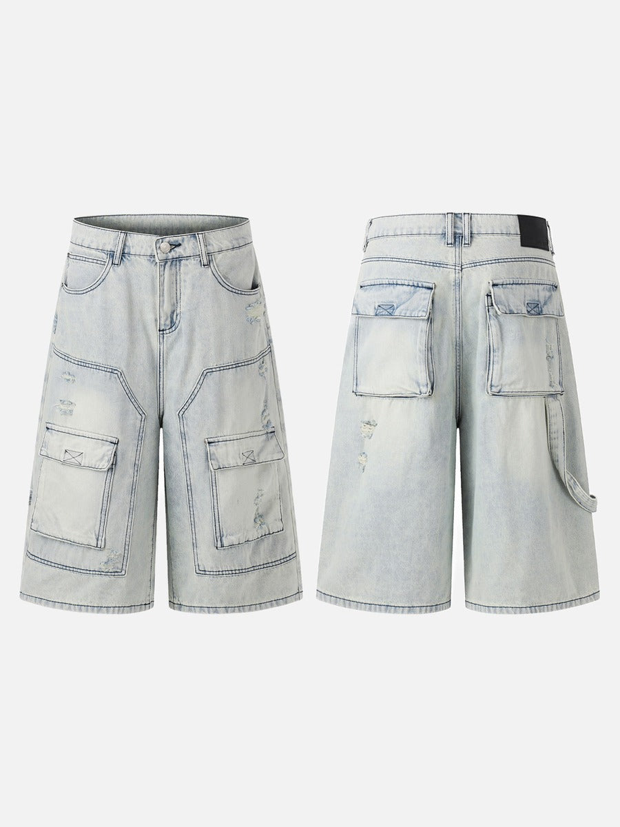 DAXUEN Men's loose-fit wide-leg acid-washed cargo shorts