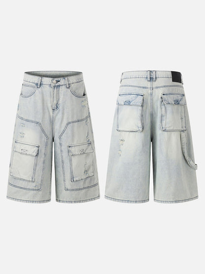 DAXUEN Men's loose-fit wide-leg acid-washed cargo shorts