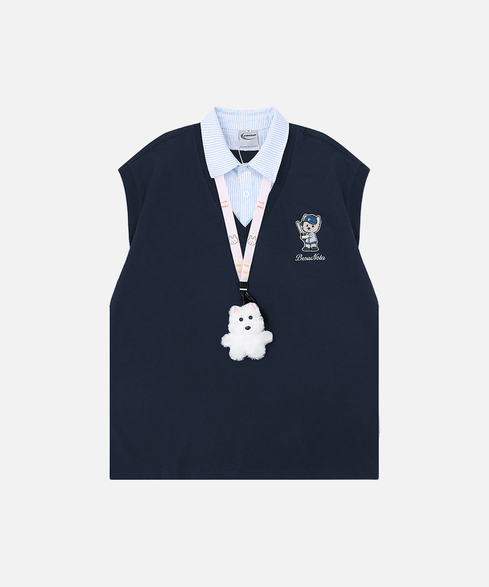 Layered mock vest graphic tee with bear embroidery