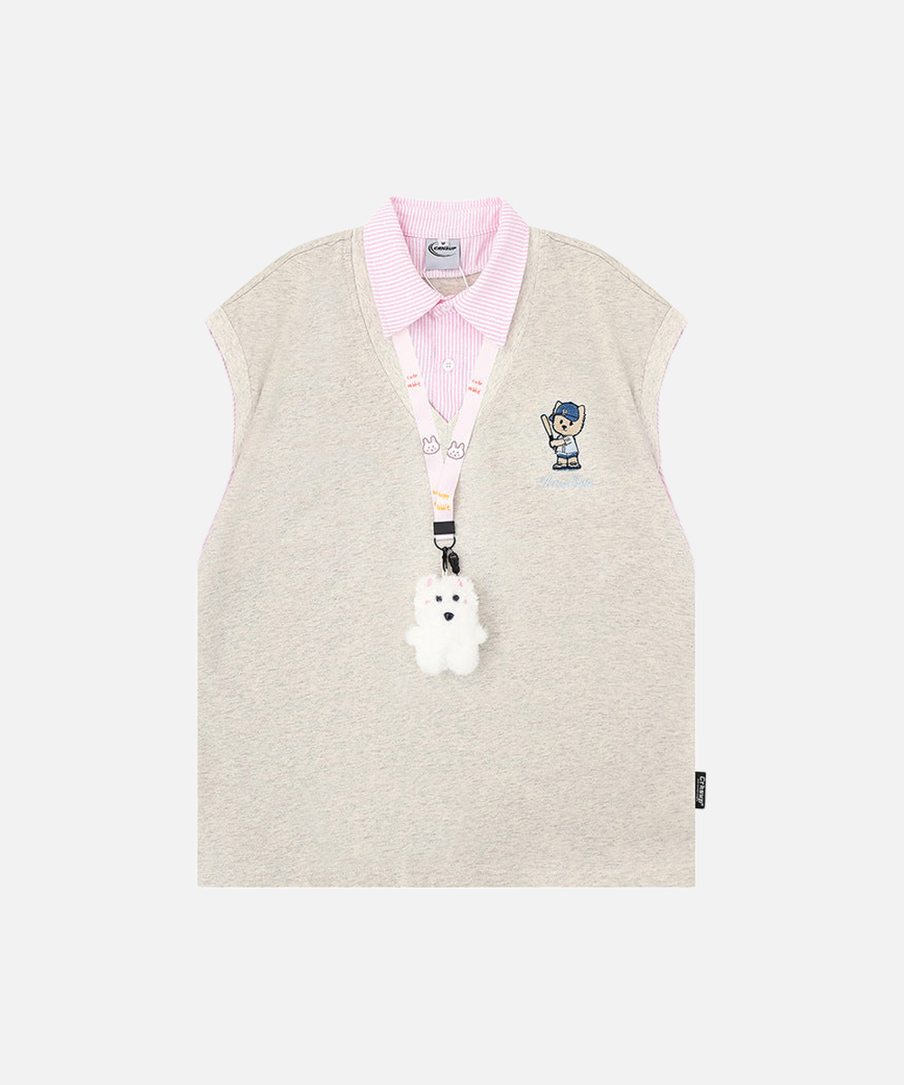 Layered mock vest graphic tee with bear embroidery