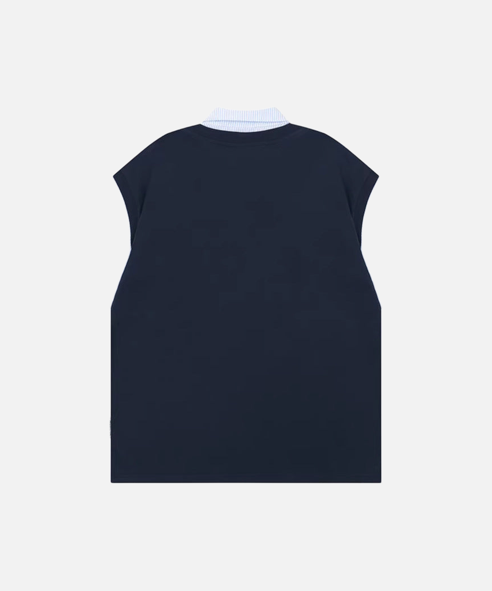 Layered mock vest graphic tee with bear embroidery