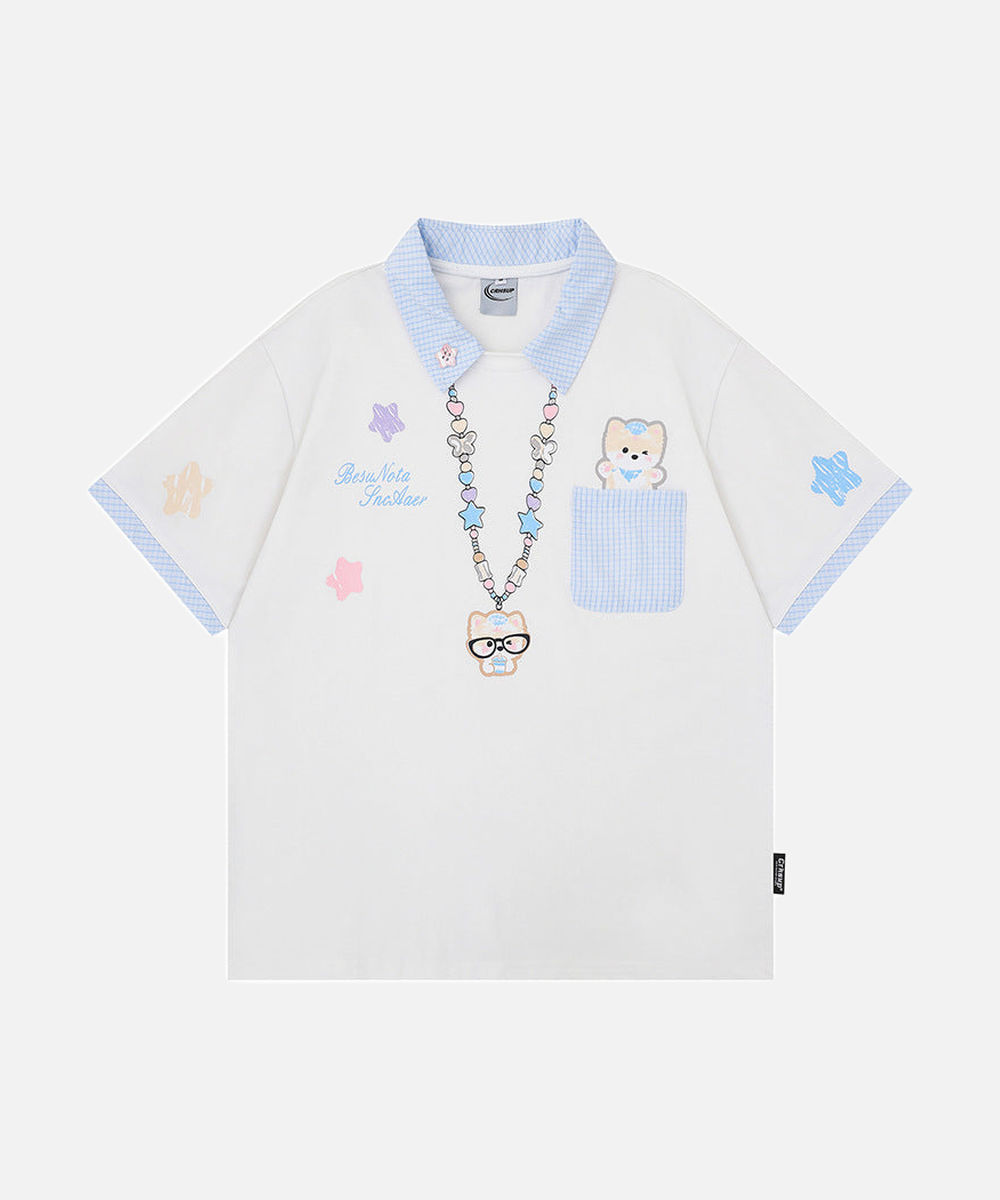 Gingham Contrast Graphic Polo Shirt