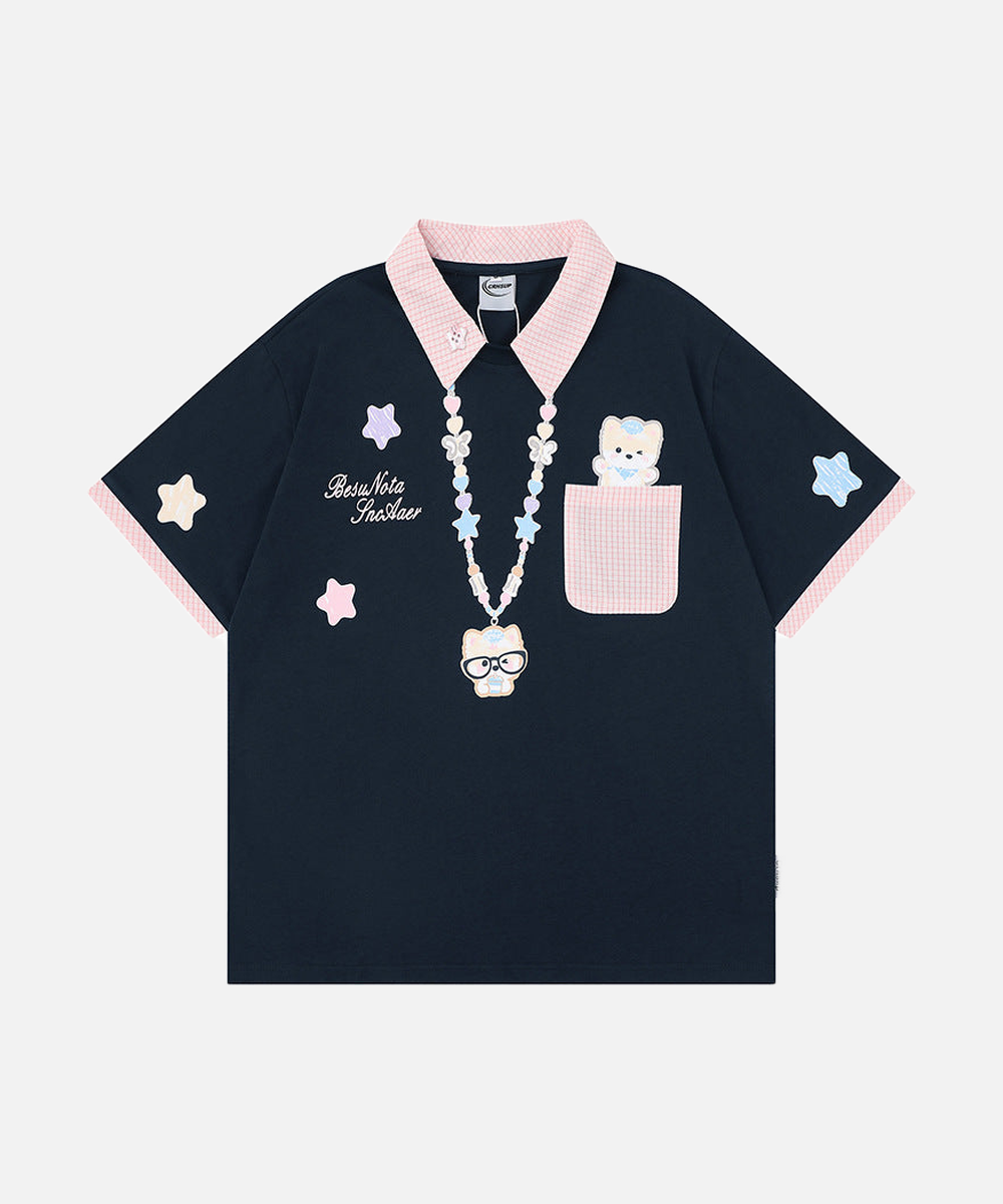 Gingham Contrast Graphic Polo Shirt