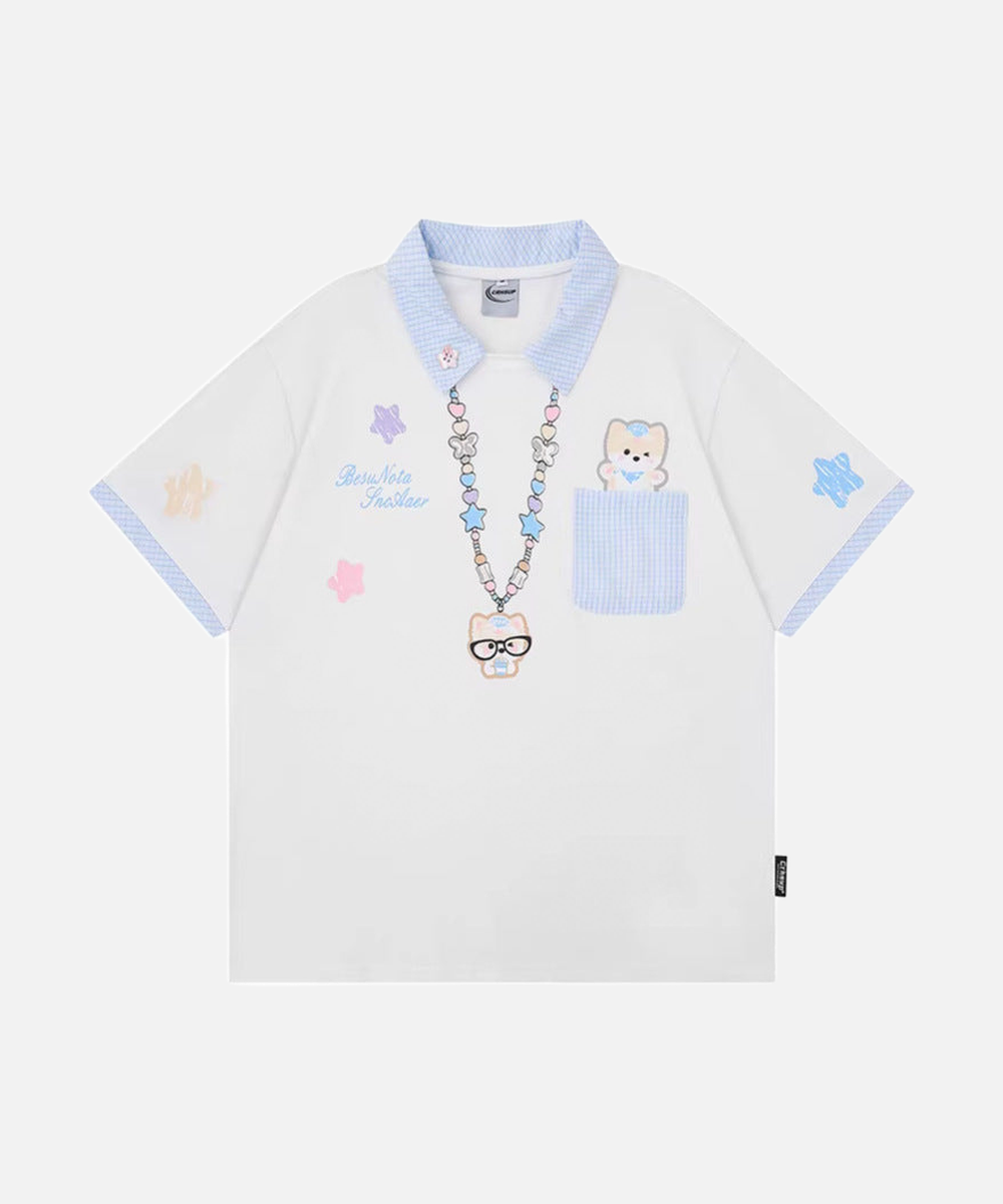 Gingham Contrast Graphic Polo Shirt