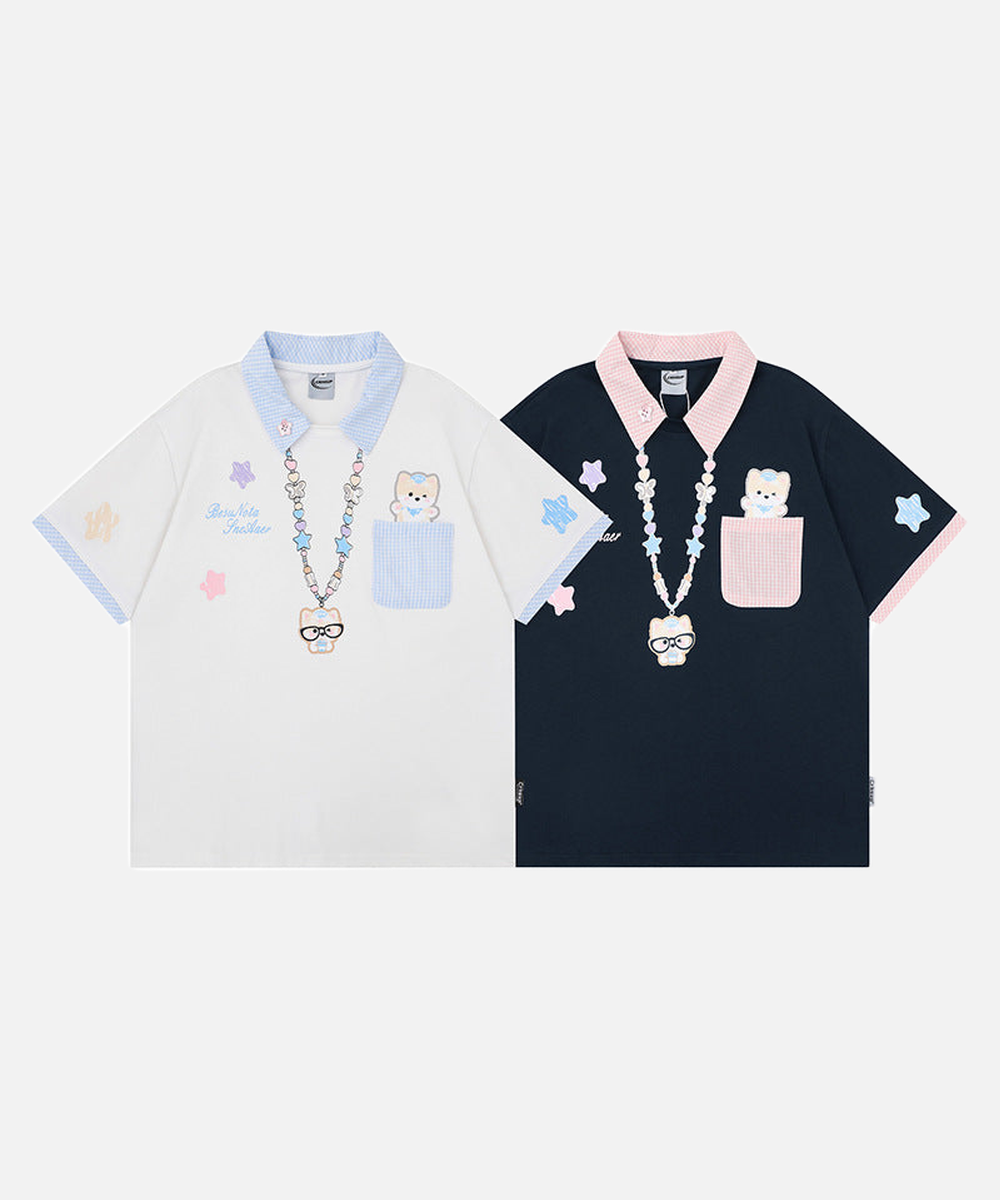 Gingham Contrast Graphic Polo Shirt