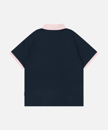 Gingham Contrast Graphic Polo Shirt