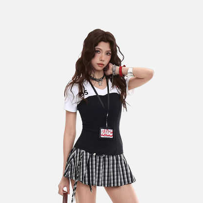 Fitted black and white color-blocked women's top