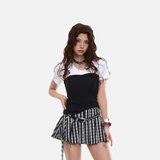 Fitted black and white color-blocked women's top
