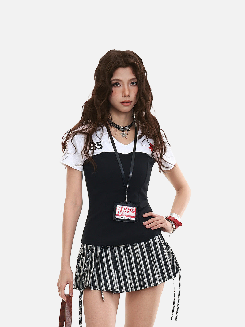 Fitted black and white color-blocked women's top