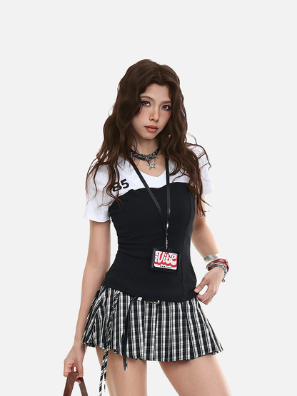 Fitted black and white color-blocked women's top