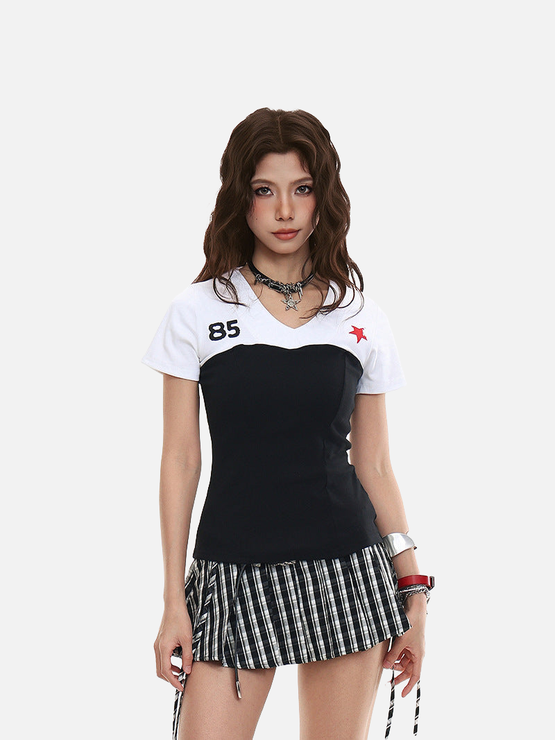 Fitted black and white color-blocked women's top