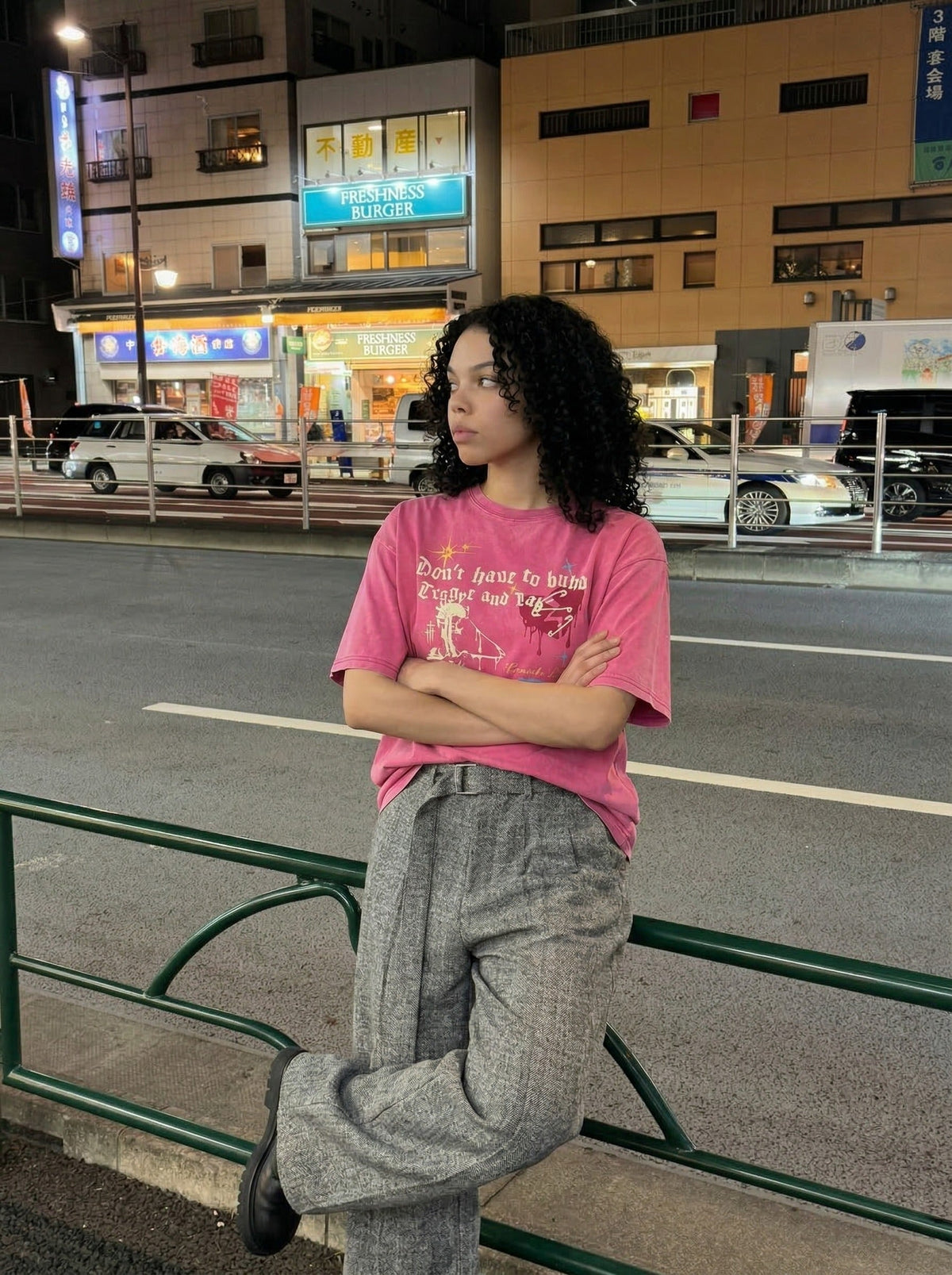 Grungy graphic t-shirt with skull and text — model photo
