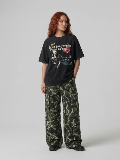 Grungy graphic t-shirt with skull and text — model photo