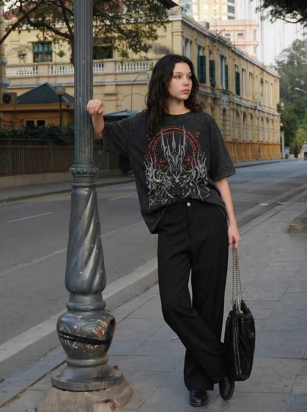 Washed black loose-fit graphic T-shirt — model photo
