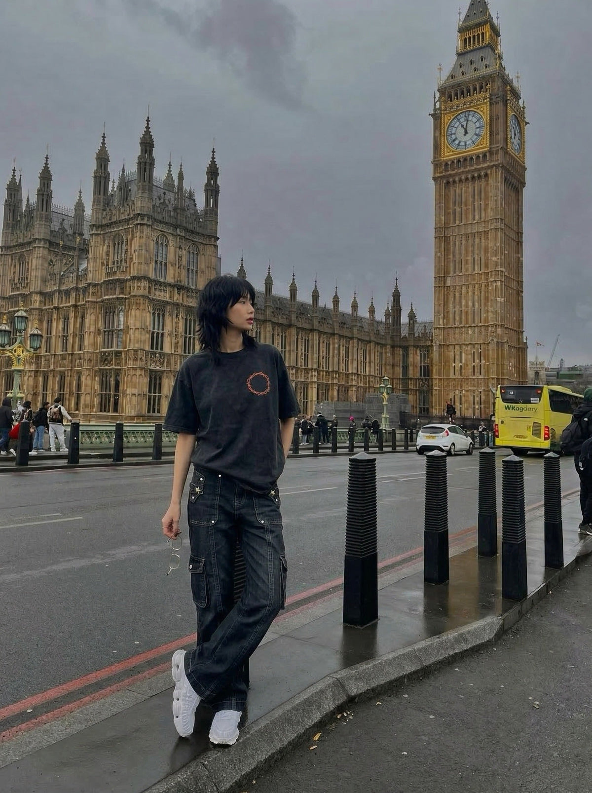Washed black loose-fit graphic T-shirt — model photo
