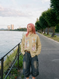 DAXUEN light yellow plaid button-up shirt with anime graphics — model photo