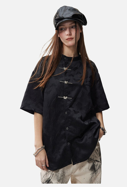 Subtle Butterfly Motif Band Collar Shirt